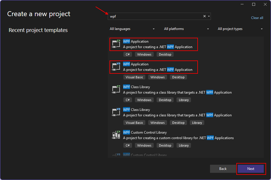 The term 'wpf' is in a search box and is highlighted with a red arrow. Two templates in the results list are highlighted with red boxes, C# and Visual Basic. The 'Next' button at the bottom-right of the screen is highlighted with a red box.