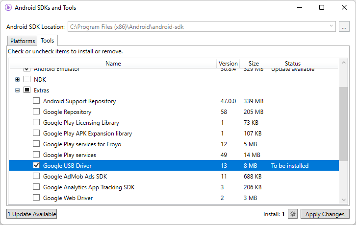 Android SKD Manager with the Google USB device driver selected.