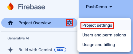 Screenshot of selecting the project settings in the Firebase Cloud Messaging console.