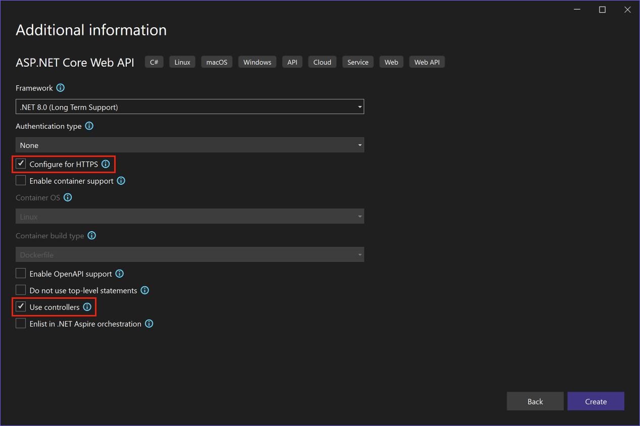 Screenshot of configuring the ASP.NET Core Web API project in Visual Studio.