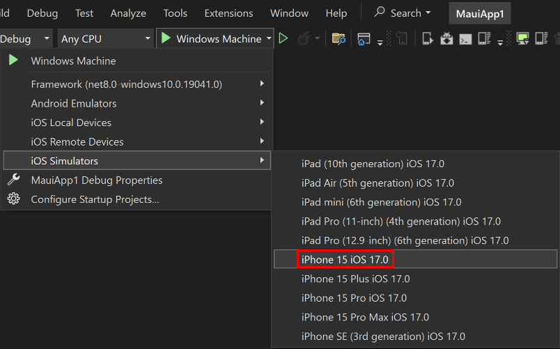 Visual Studio iOS simulators debug targets.