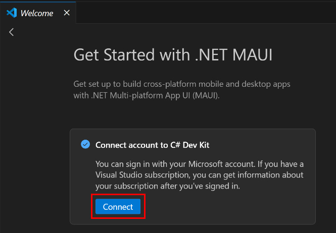 Screenshot of the Visual Studio Code connect account to c# dev kit button.