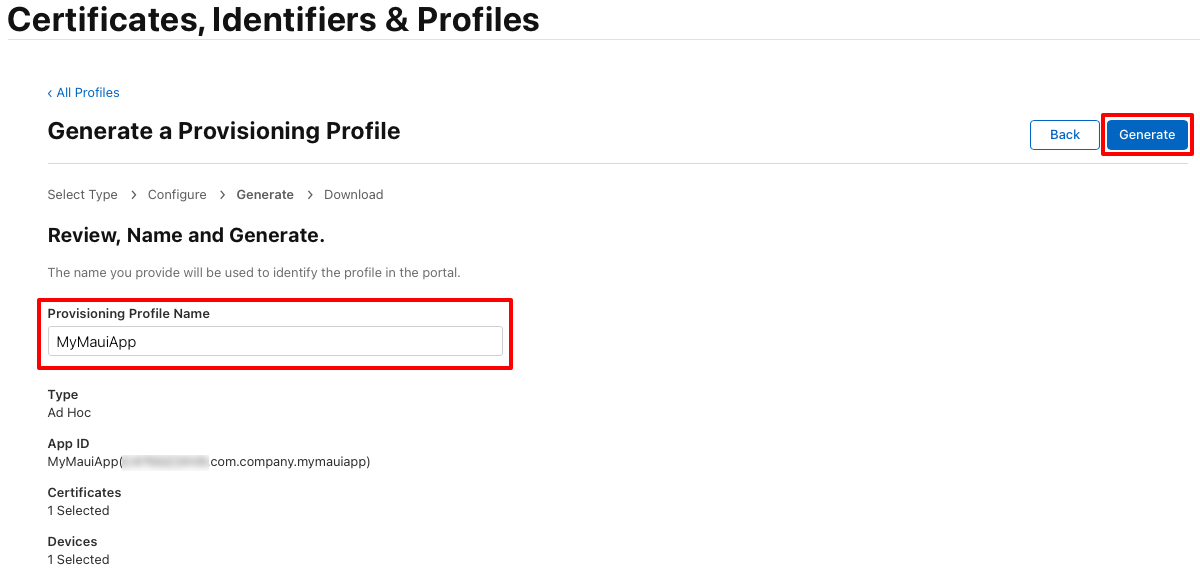 Generate the provisioning profile.