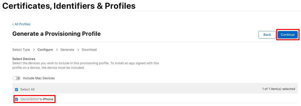 Screenshot of adding a device to a provisioning profile.