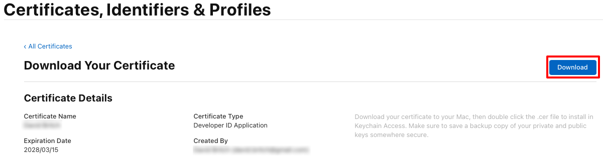 Download your Developer ID Application certificate.