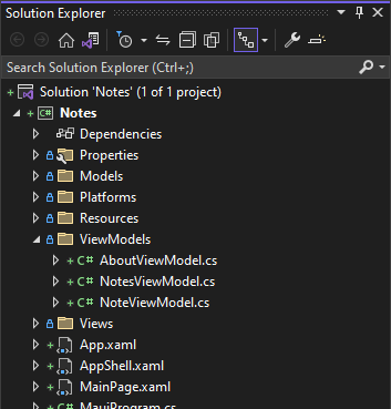 Solution explorer showing MVVM folders.