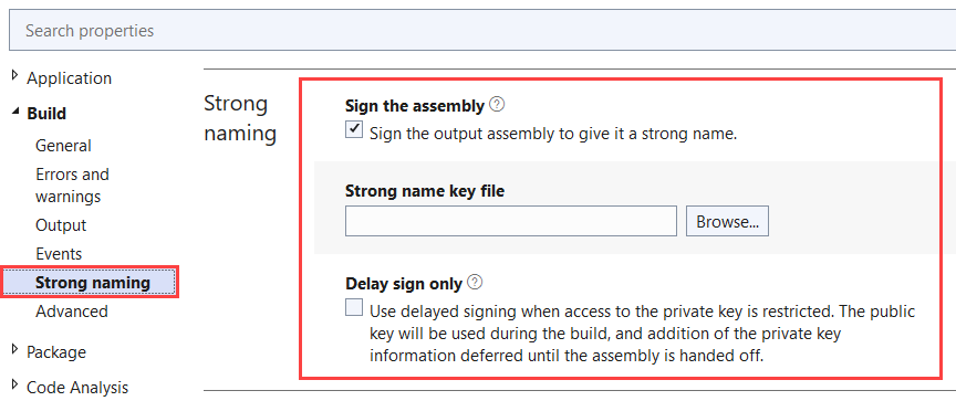 Visual Studio 2022: Project properties, Build / Strong naming section.