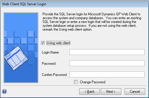 screen to set up sql server login