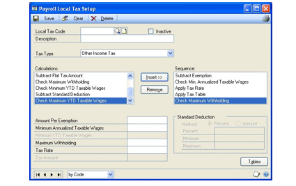 Screenshot of the payroll local tax setup window.