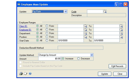 Screenshot of the Employee Mass Update window.