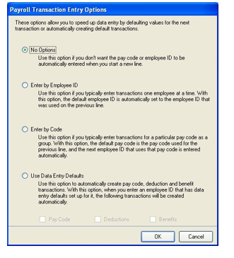 Screenshot of the Payroll Transaction Entry Options window, showing the No Options entry selected.