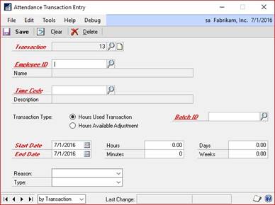 Attendance Transaction Entry window