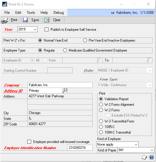 Screenshot of the Print W 2 Forms window.