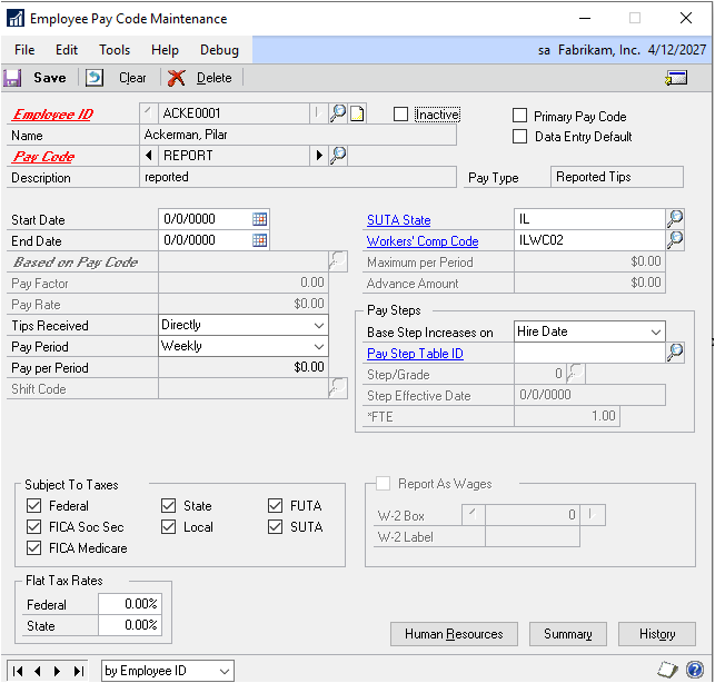 Screenshot of the Employee Pay Code Maintenance window, showing Tips Recieved set to Directly, and Pay Period set to Weekly.