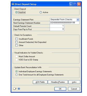 Screenshot of the Direct Deposit Setup window.