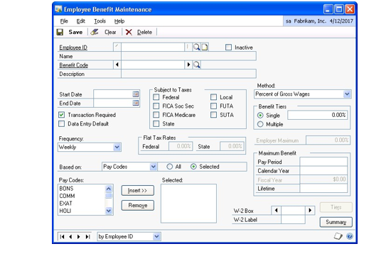 Screenshot of the Employee Benefit Maintenance window.