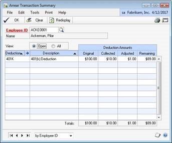 Arrear Transactions Summary window