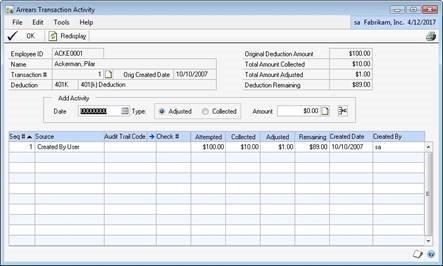 Arrear Transactions Activity window