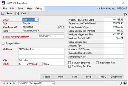 Edit W-2 information window