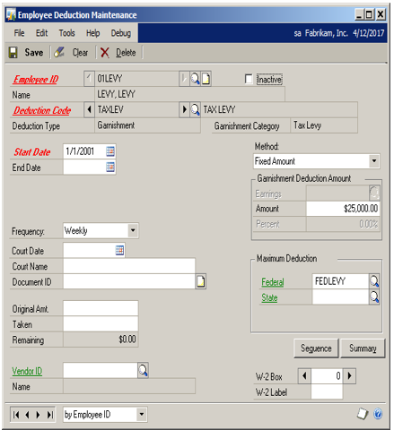 Screenshot of the Employee Deduction window, showing a Garnishment Deduction Amount of twenty five thousand dollars.