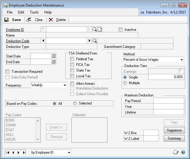 Employee Deduction Maintenance window