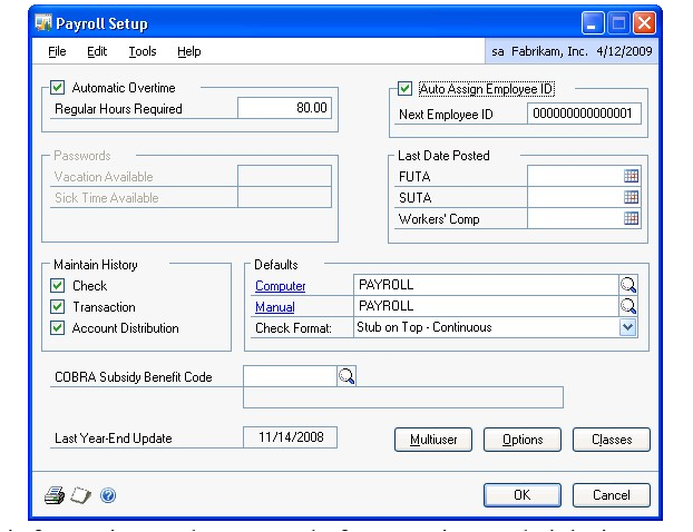 Screenshot of the Payroll Setup window.