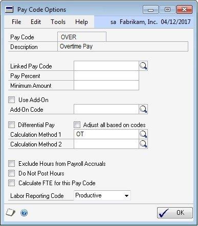 Pay Code Options window