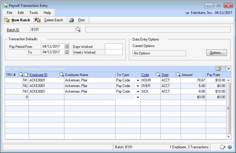 Payroll Transaction Entry window