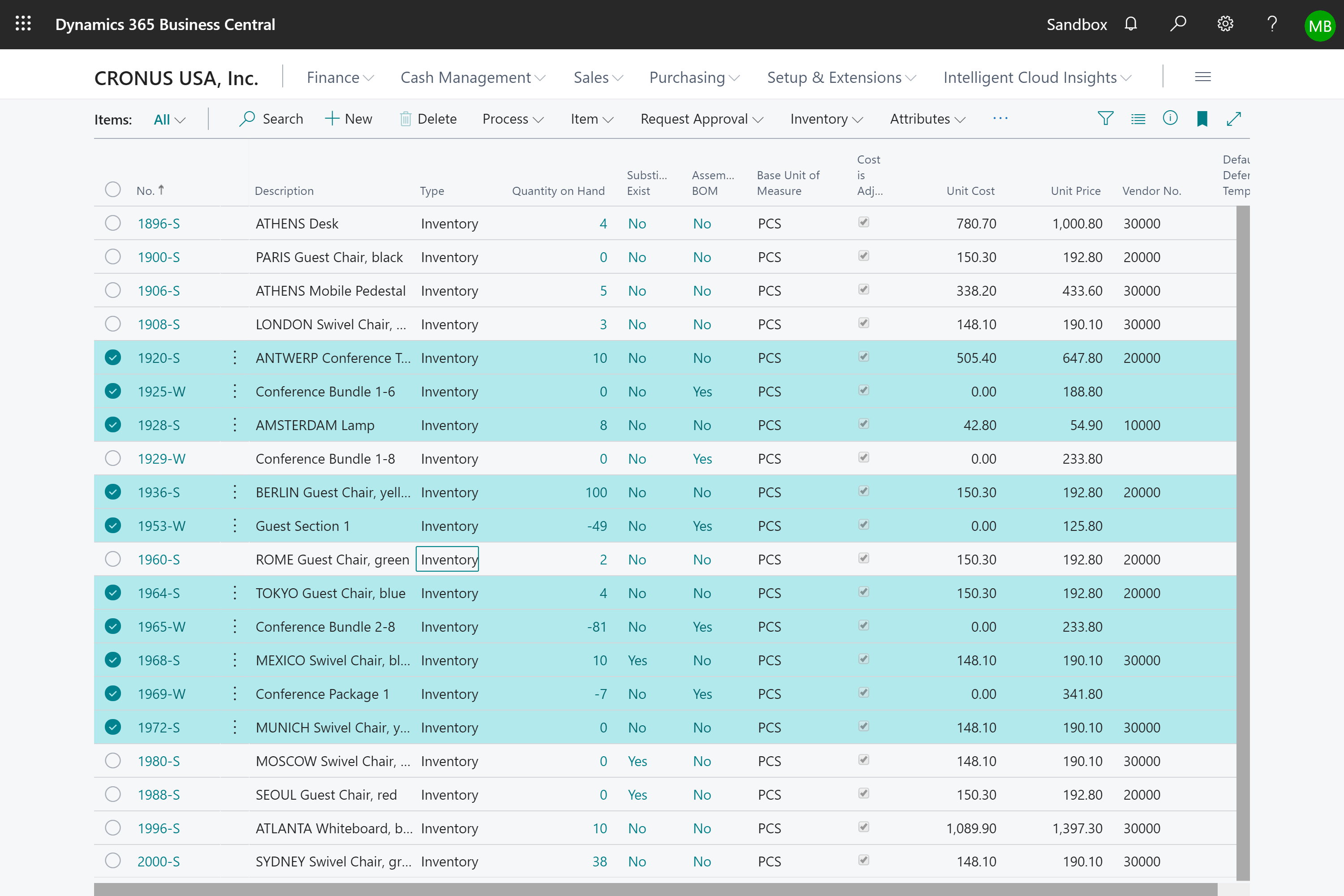 A screenshot of a list page demonstrating the new row selection indicators