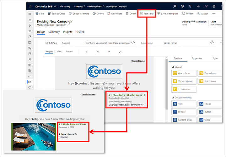 Personalized dynamic data in a test message