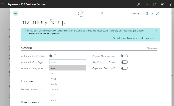 Notification in the Inventory Setup window