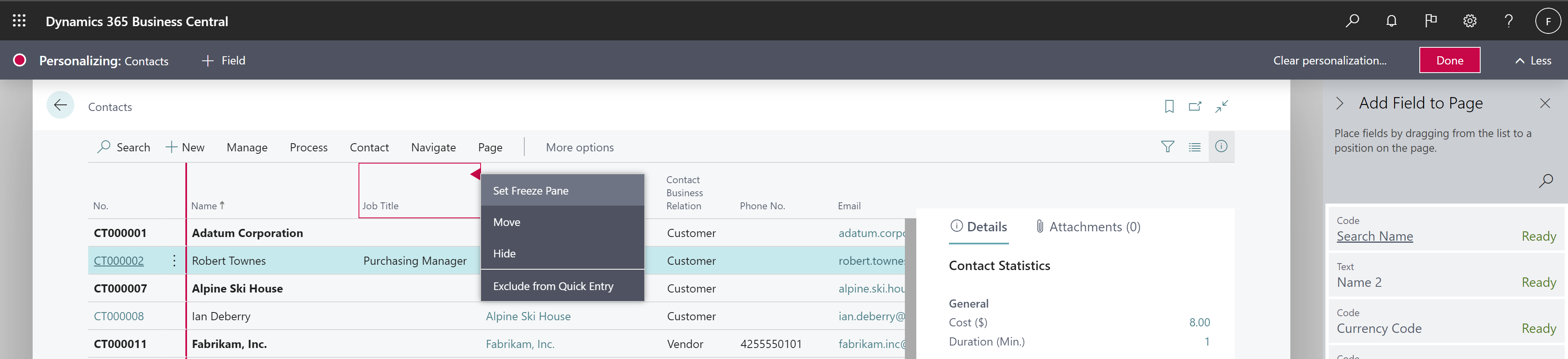 Shows Contact Job Title added to Contacts List page through personalization.