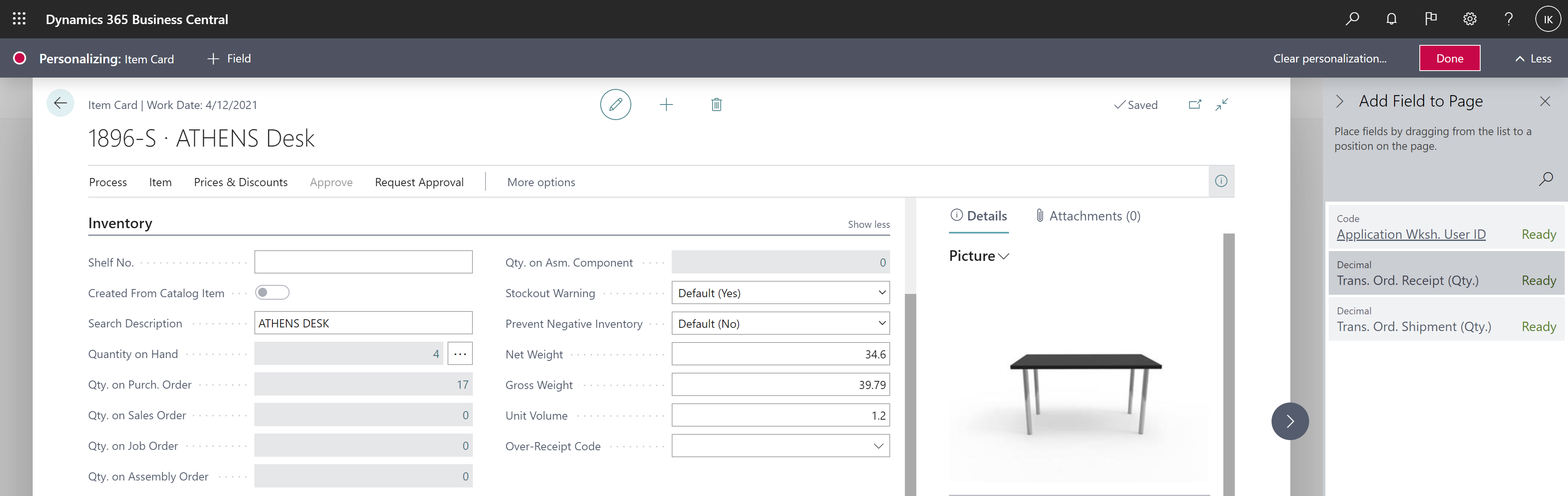 Shows Transfer Order Receipt and Shipment Quantity fields available for personalization on Item Card page.