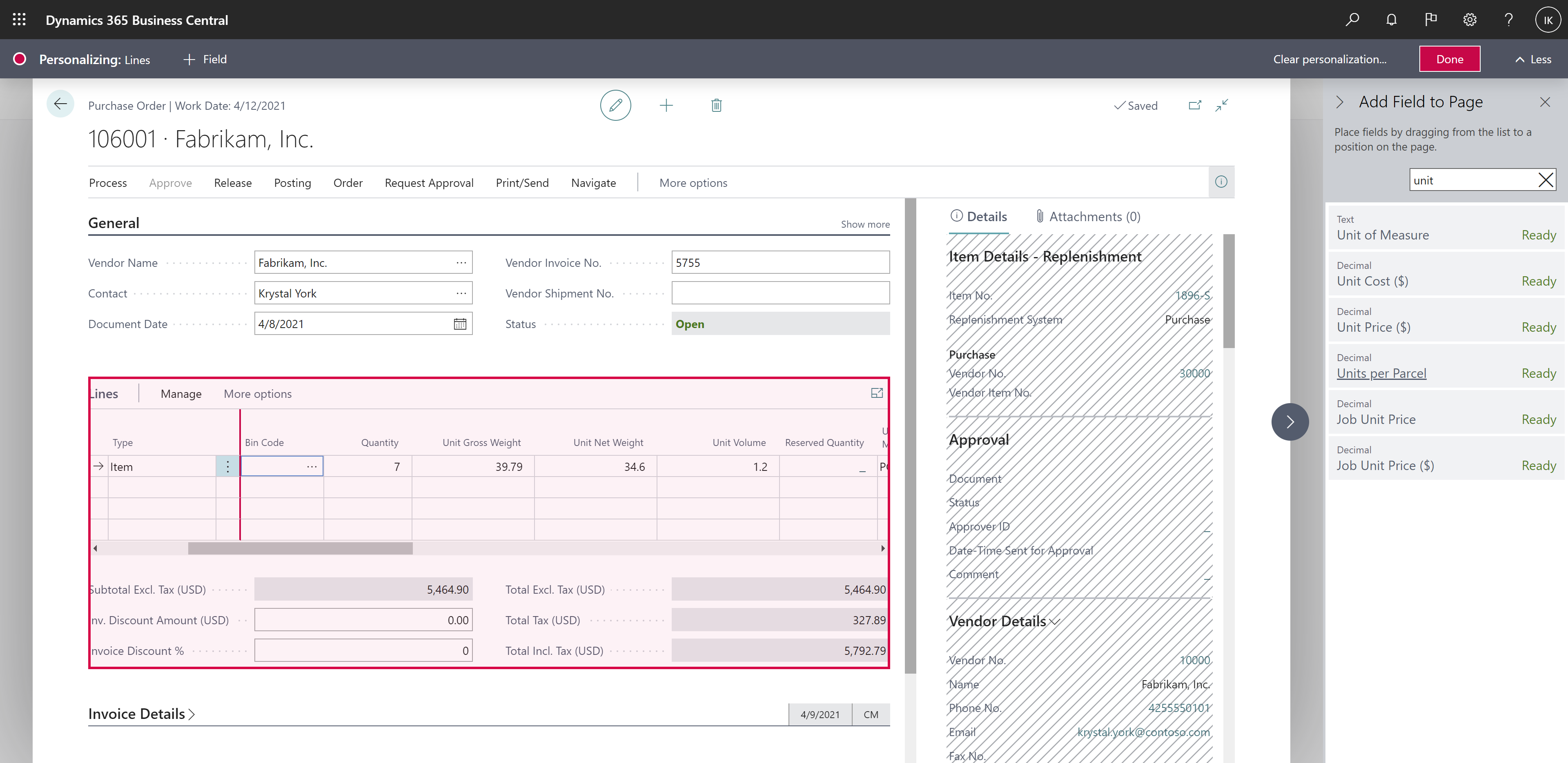 Shows purchase order with new columns.