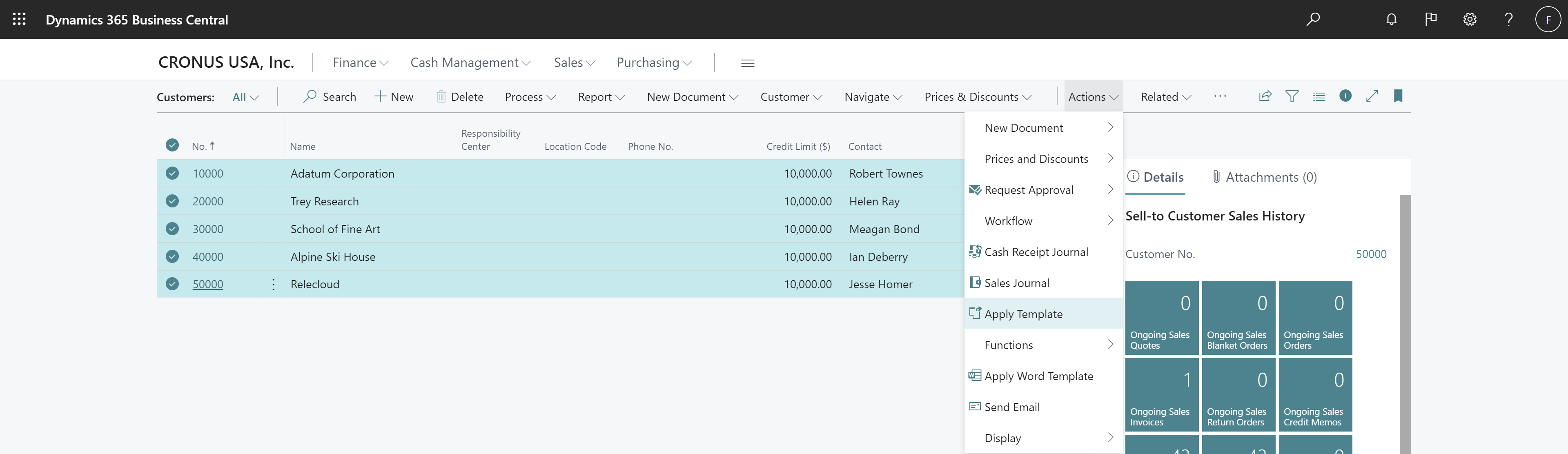 Shows how to apply customer template on selected record in customer list.