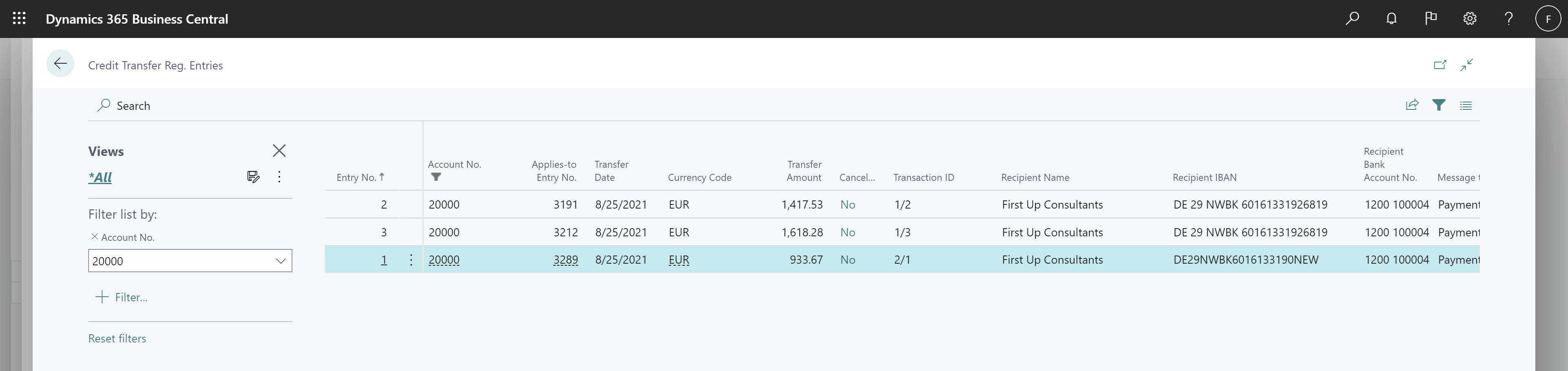 Shows new Recipient IBAN, Bank Account No. and Name fields on Credit Transfer Register Entries page.