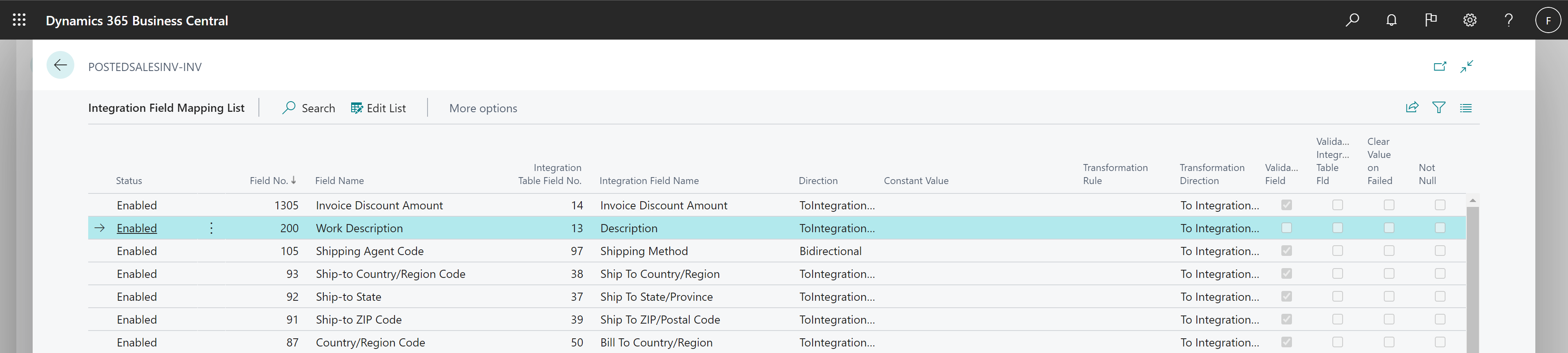 Shows the Integration Fields Mapping page with the new Work Description field mapping.