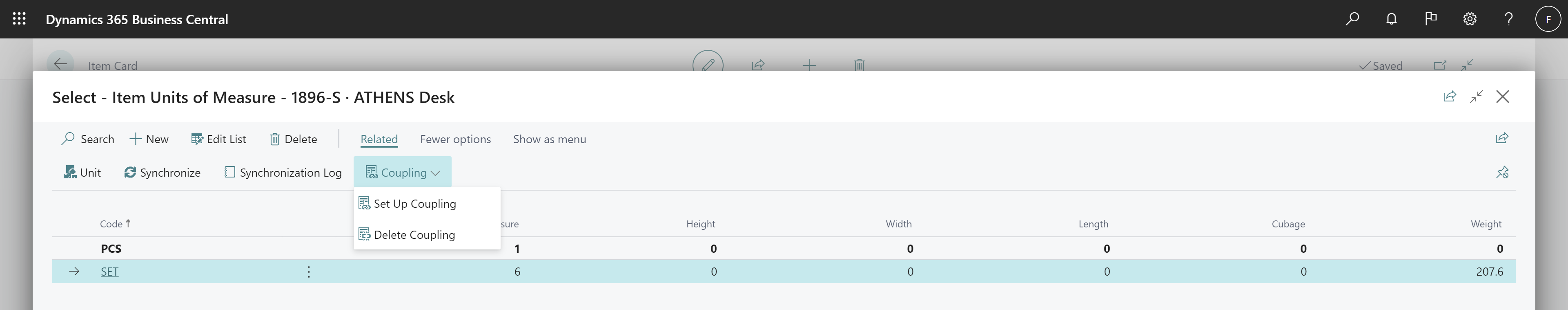 Shows new Unit, Synchronize, Synchronization Log, and Coupling actions on Item Units of Measure page.