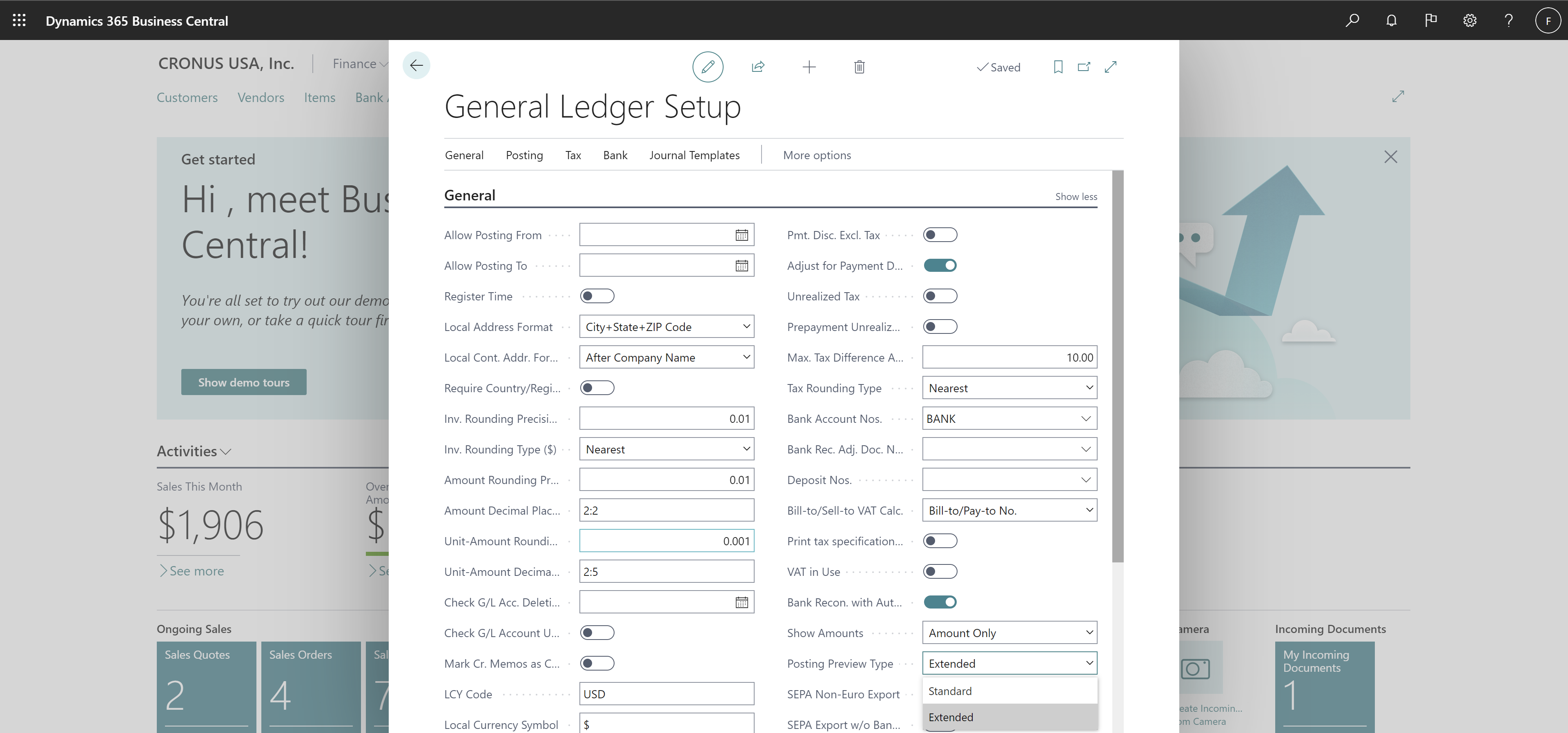 Shows new Posting Preview Type field in General Ledger Setup page.