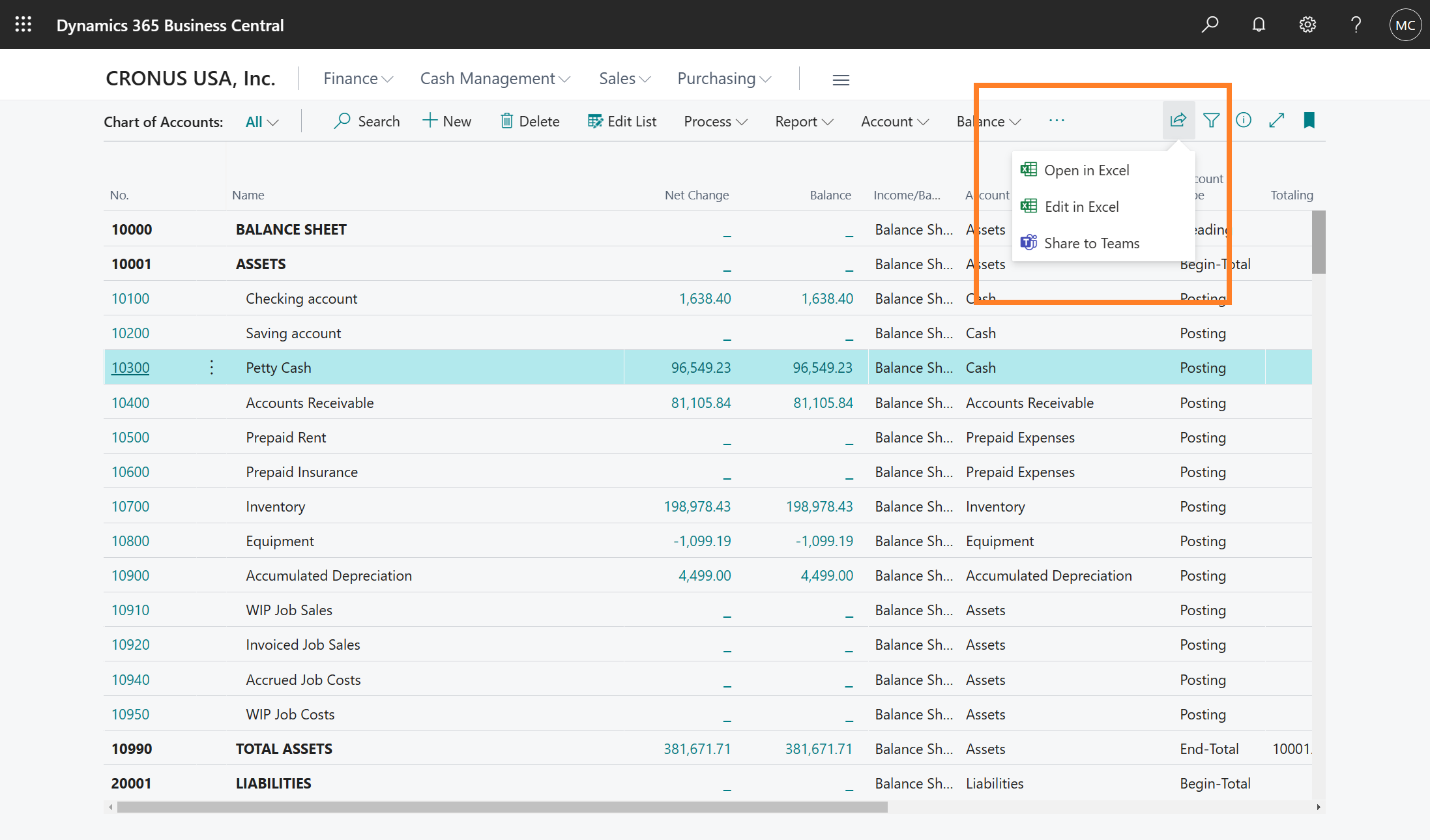 A list page displaying the Share menu with pair of Excel actions.