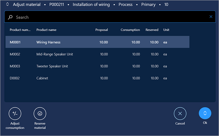 Material consumption and reservations in the production floor execution interface.