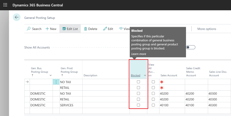 Shows new Blocked field in General Posting Setup page.