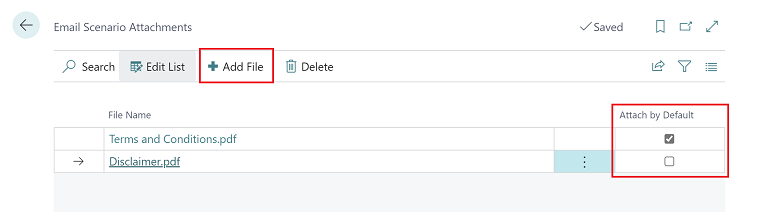 Email Scenario Attachments page with Add File action and Attach by Default column.
