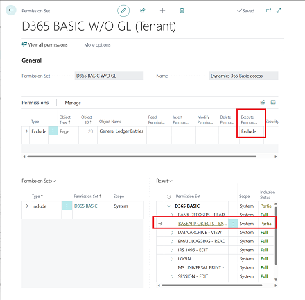 Shows copy of D365 BASIC permission set excluding General Ledger Entries page