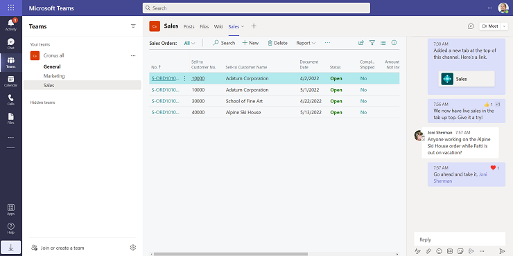 A Sales channel in Teams with a Business Central list displayed as a tab.