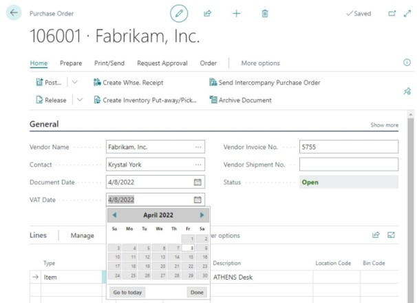 The new VAT Date field on a purchase order