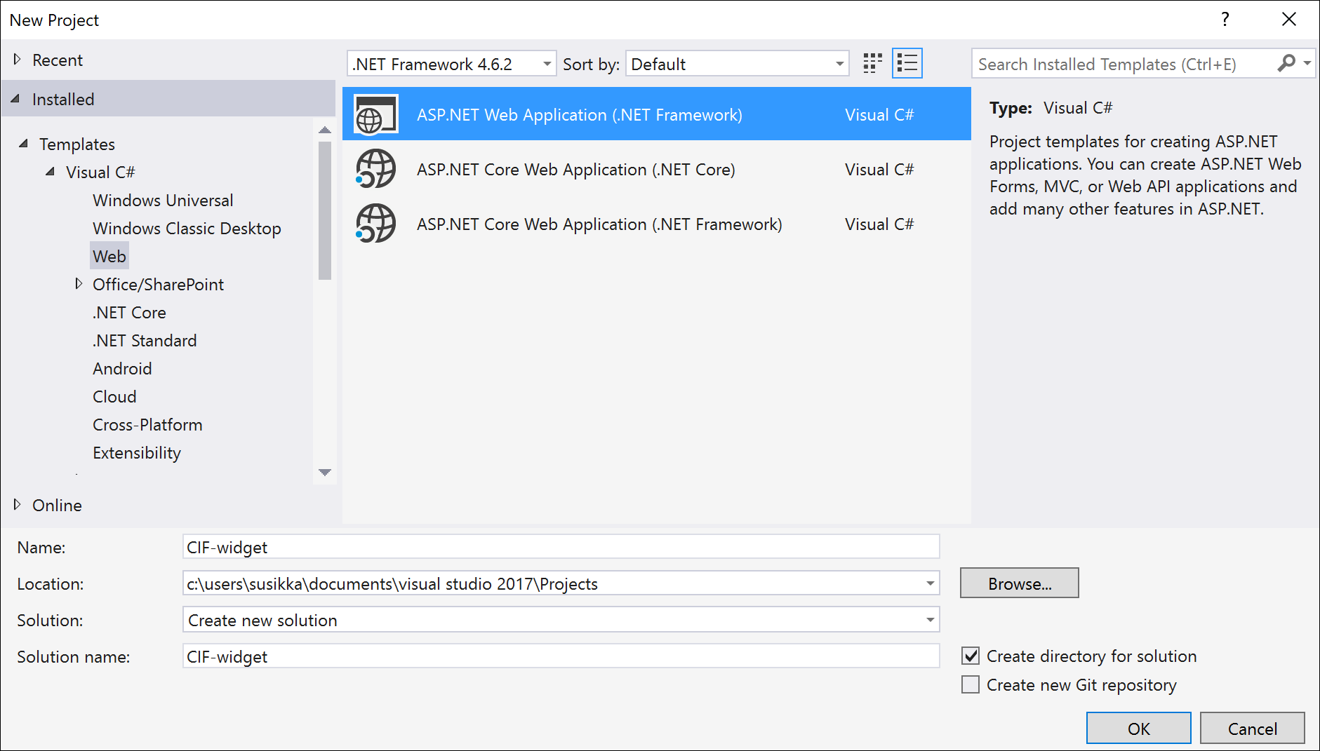 Select ASP.NET Web Application (.NET Framework).