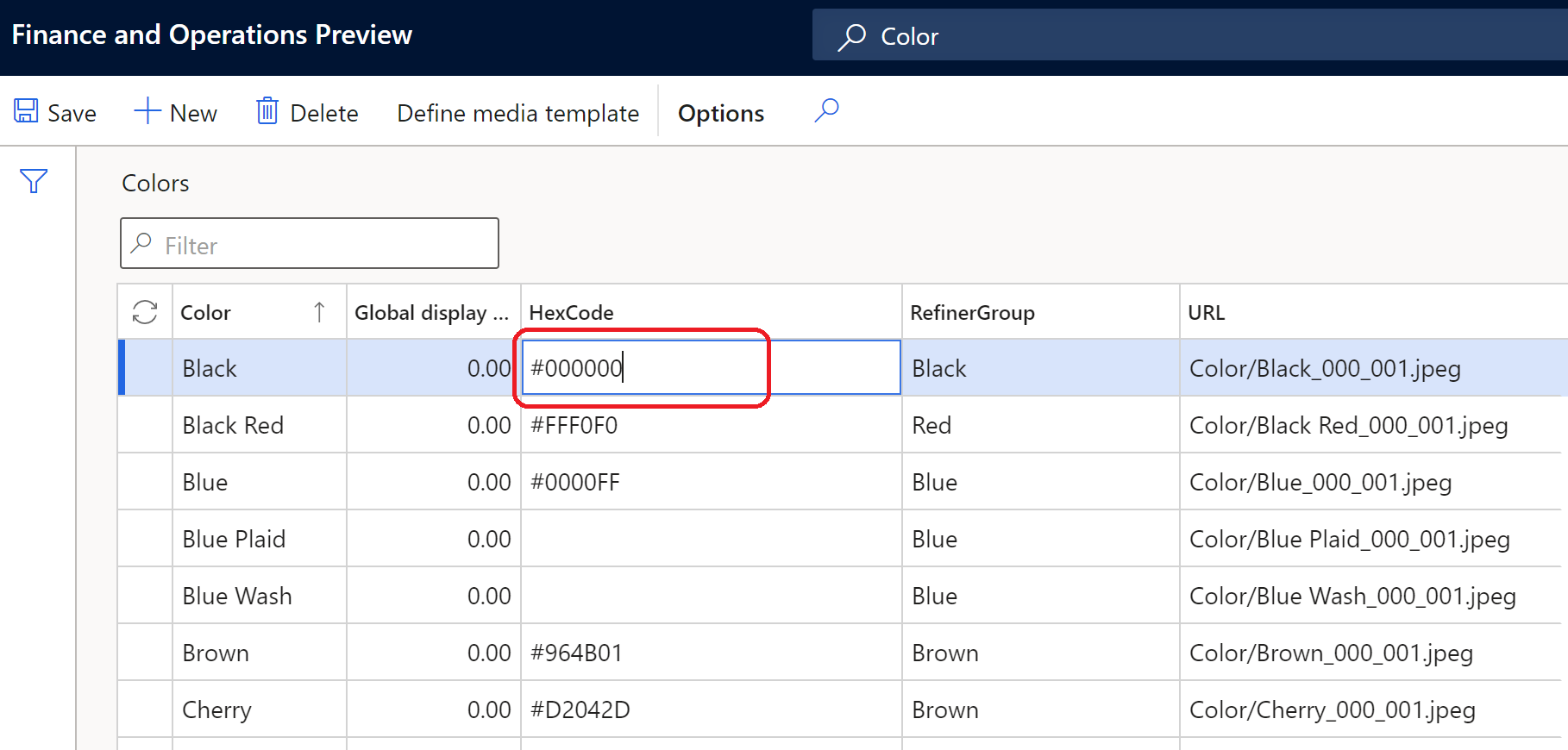 Example of dimension configuration that uses hex codes.