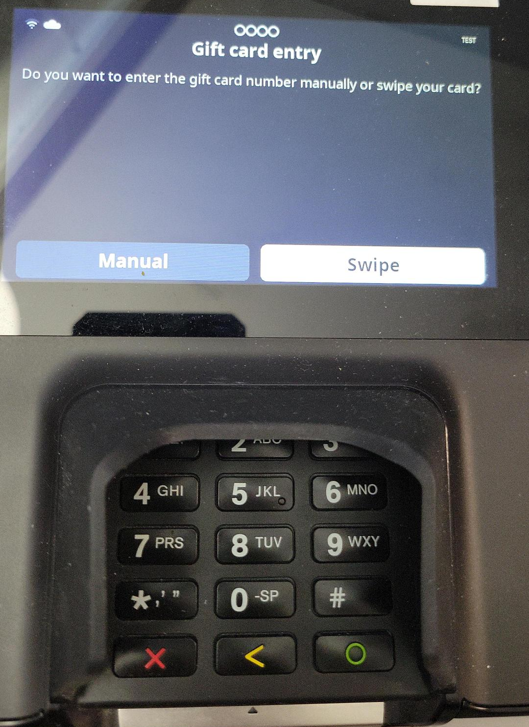 Swipe or manually key in gift card on PIN pad