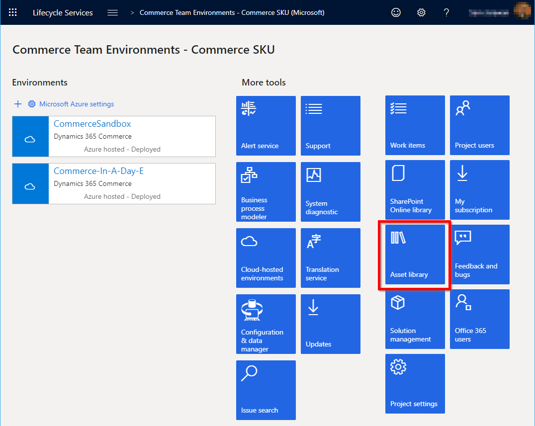 LCS project screen with the Asset library tile highlighted.